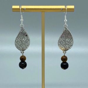 Silver Plated Leaf Amber Tigereye Dangle Earrings Sterling Silver(925) Ear Hook